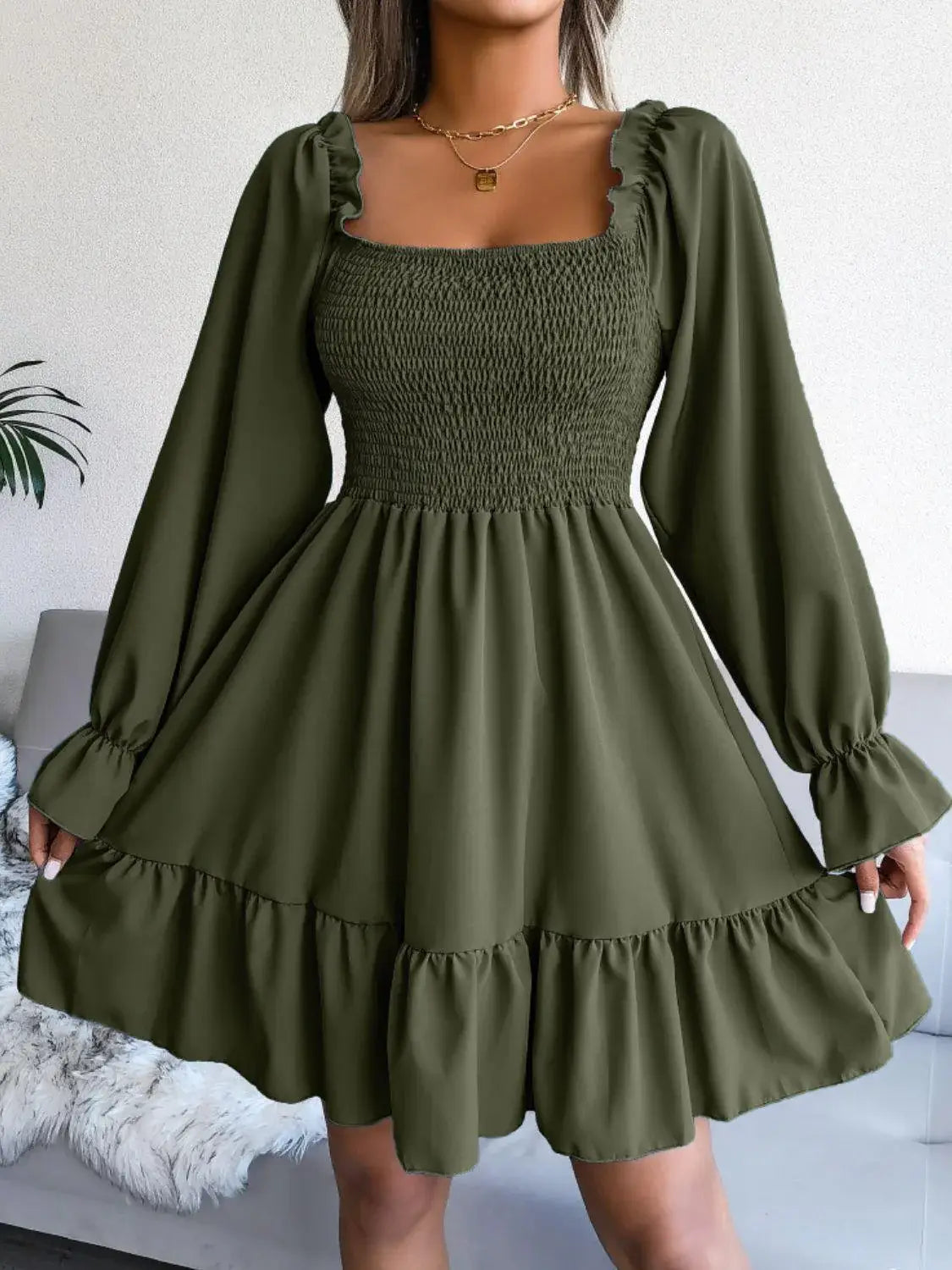 Celine Smocked Flounce Dress Wine 3