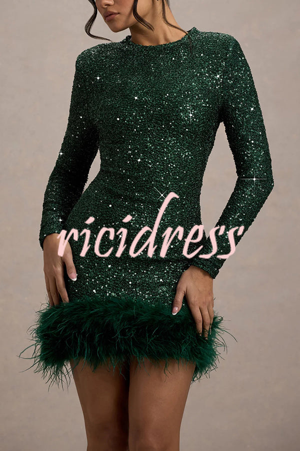 Rania Sequin Mini Dress with Feather Trim Green 9