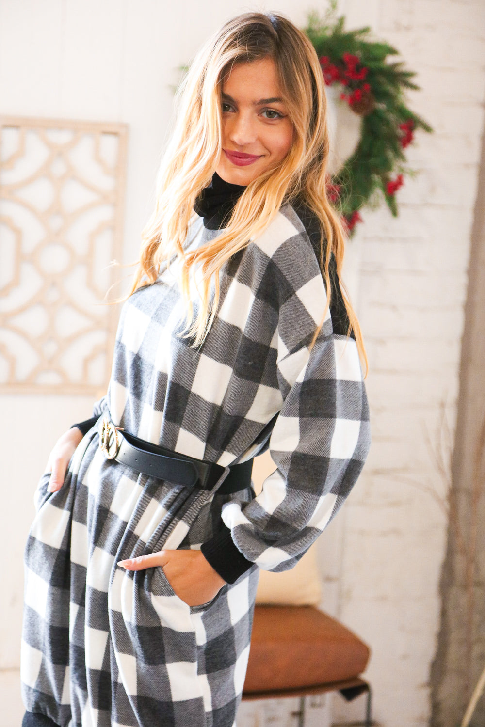 Margot Belted Sweater Dress in Black Plaid Black 4