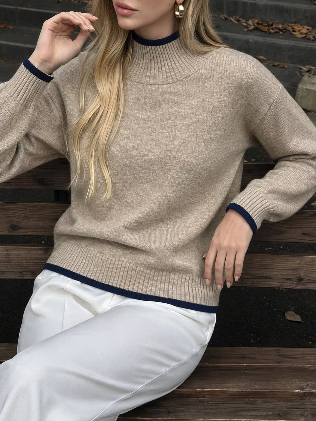Margot Knit Sweater with Contrast Trim Khaki 5