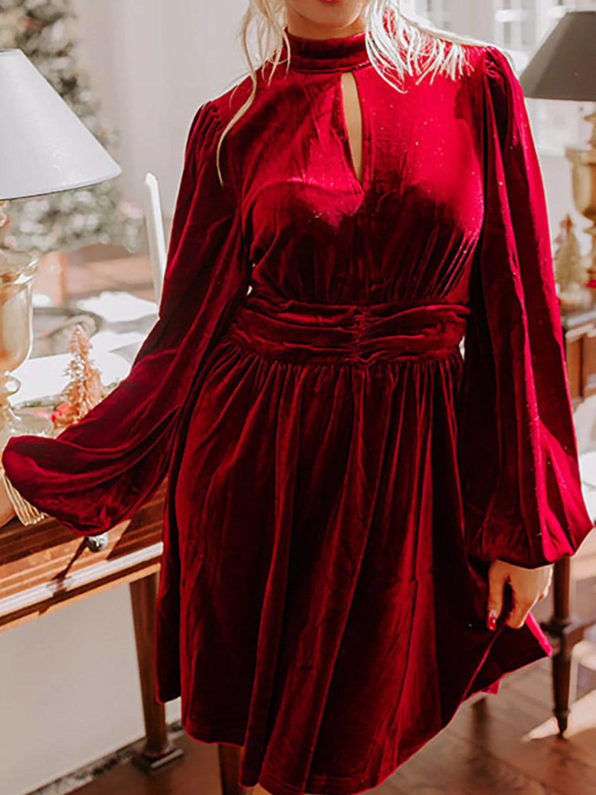 Isadora Velvet Mock Neck Dress Burgundy 10