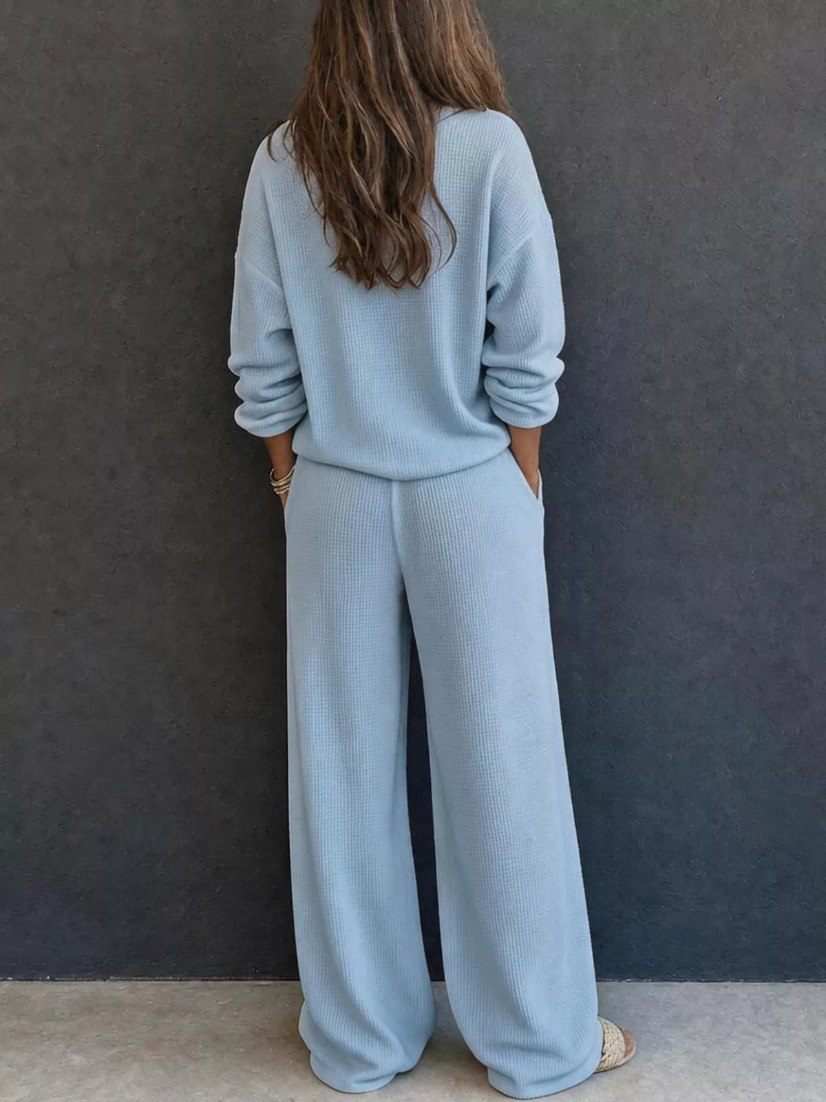 Margot Waffle Knit Henley Top & Wide Leg Pants Set Light Blue 9