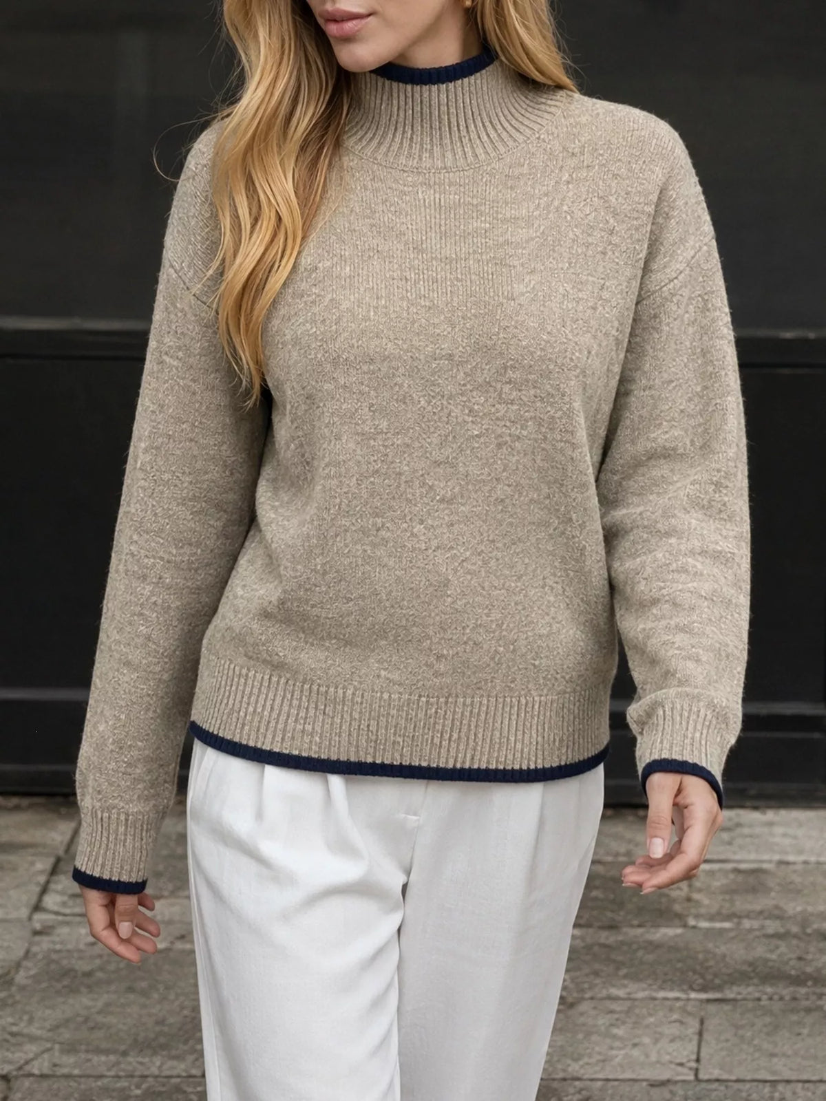 Margot Knit Sweater with Contrast Trim Khaki 4