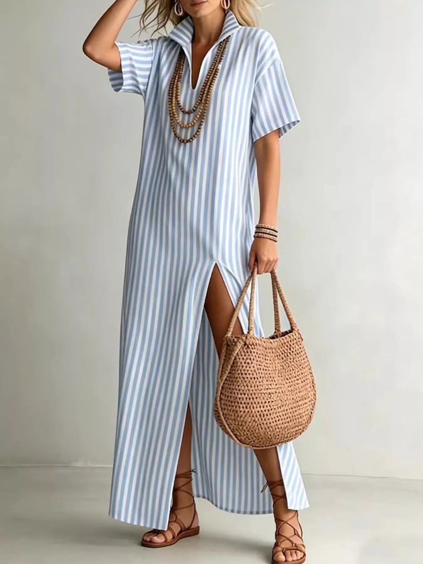Margot Striped Linen Maxi Shirt Dress Red 1
