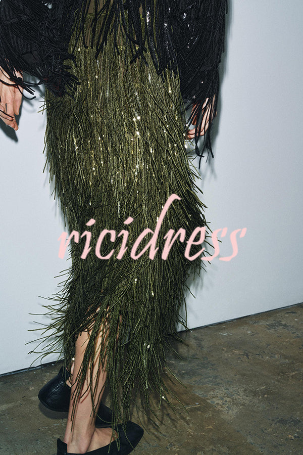 Valentina Sequin Tassel Midi Dress Blackish Green 10