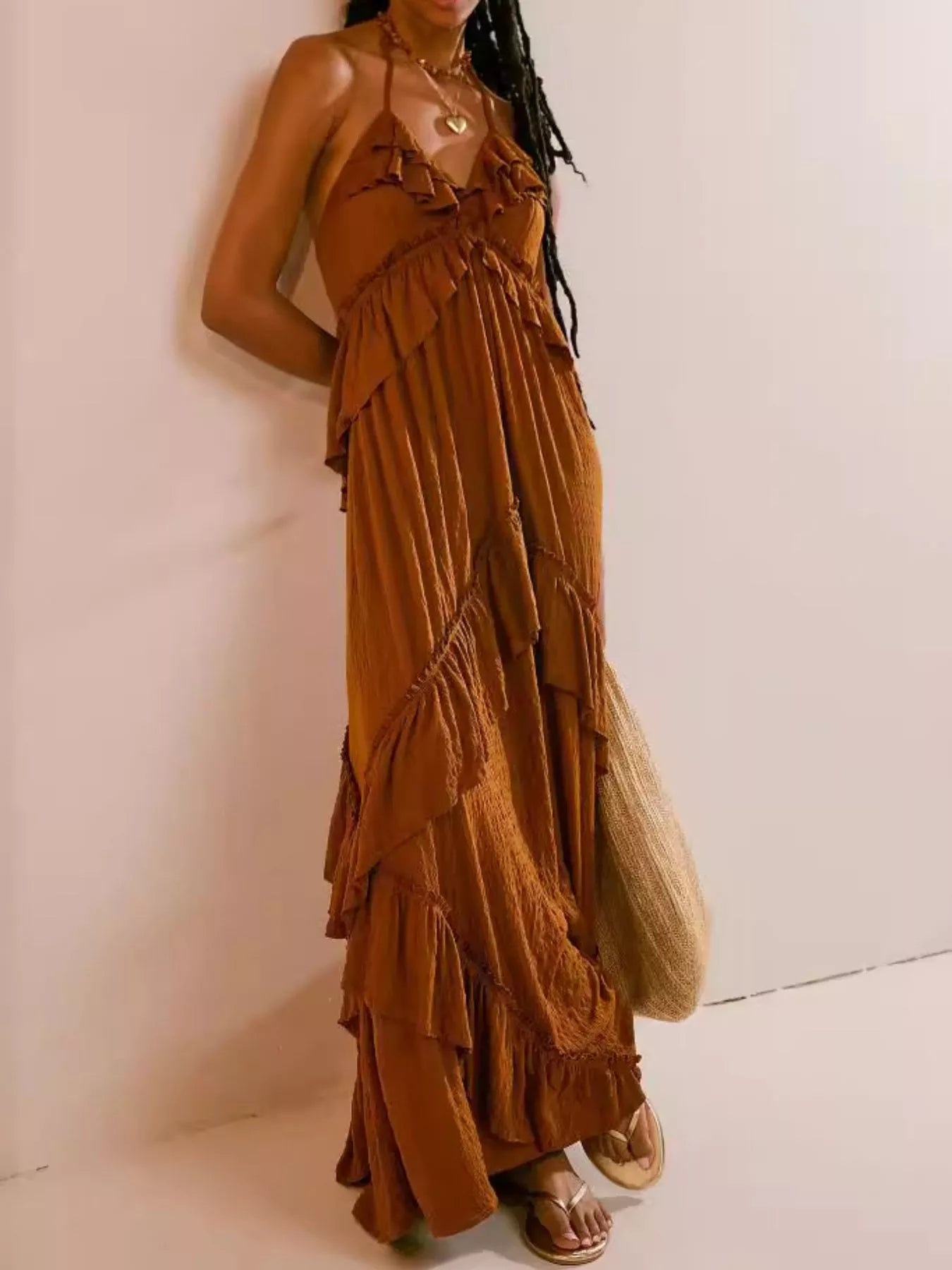 Arabella Ruffled Halter Maxi Dress Beige 1