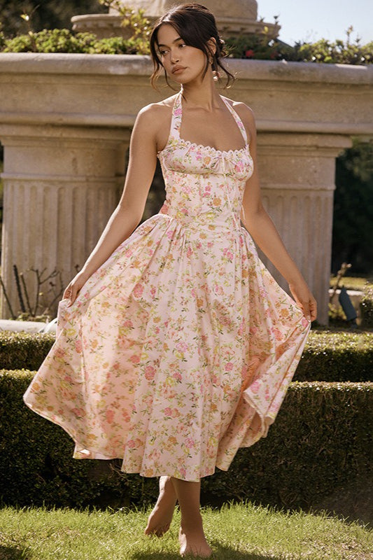 Margot Floral Halter Bodycon Maxi Dress Pink 1