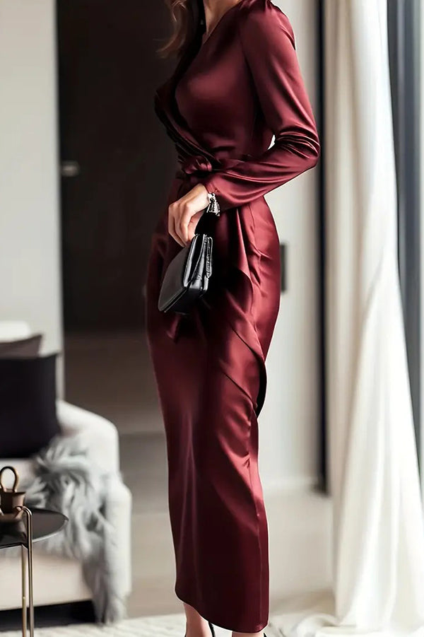Celeste Satin Long Sleeve Midi Dress Red 7