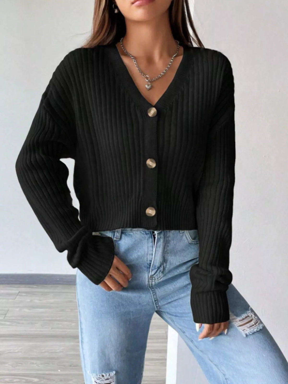 Margot Ribbed Cropped Cardigan Black 7