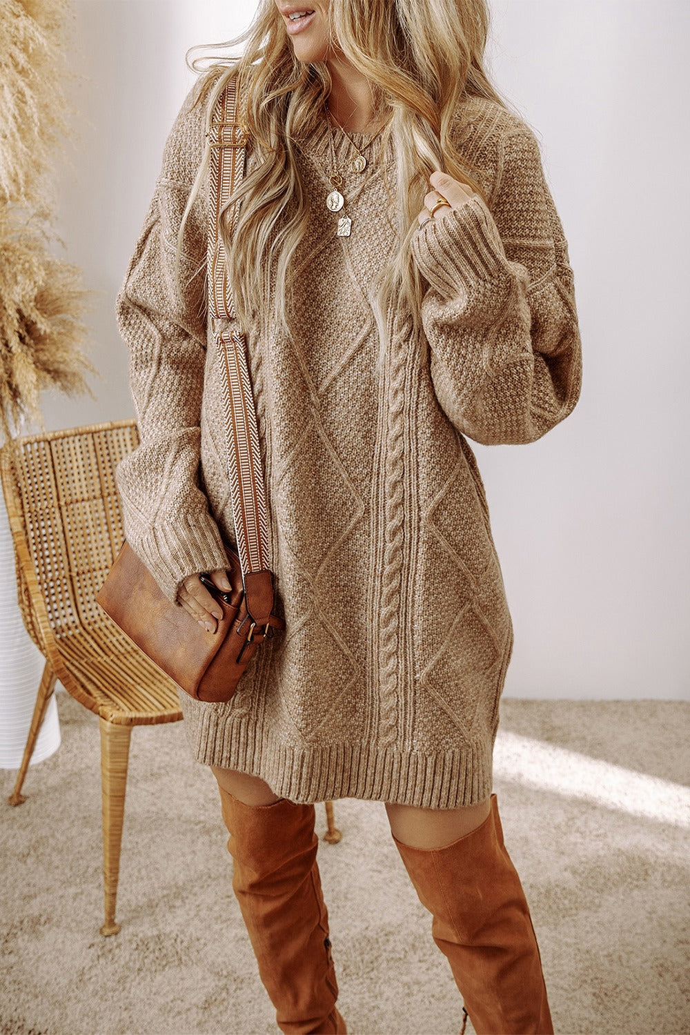 Margot Cable-Knit Sweater Dress in Tan Sage 2