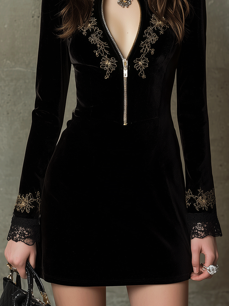 Margot Velvet Mini Dress with Gold Embroidery Black 3