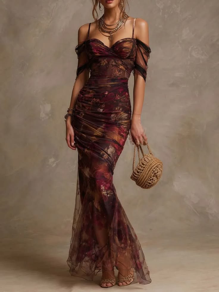 Perla Floral Off-Shoulder Ruched Mesh Maxi Dress Floral 1