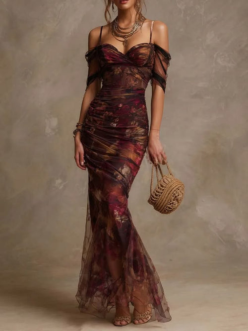 Perla Floral Off-Shoulder Ruched Mesh Maxi Dress Floral 1