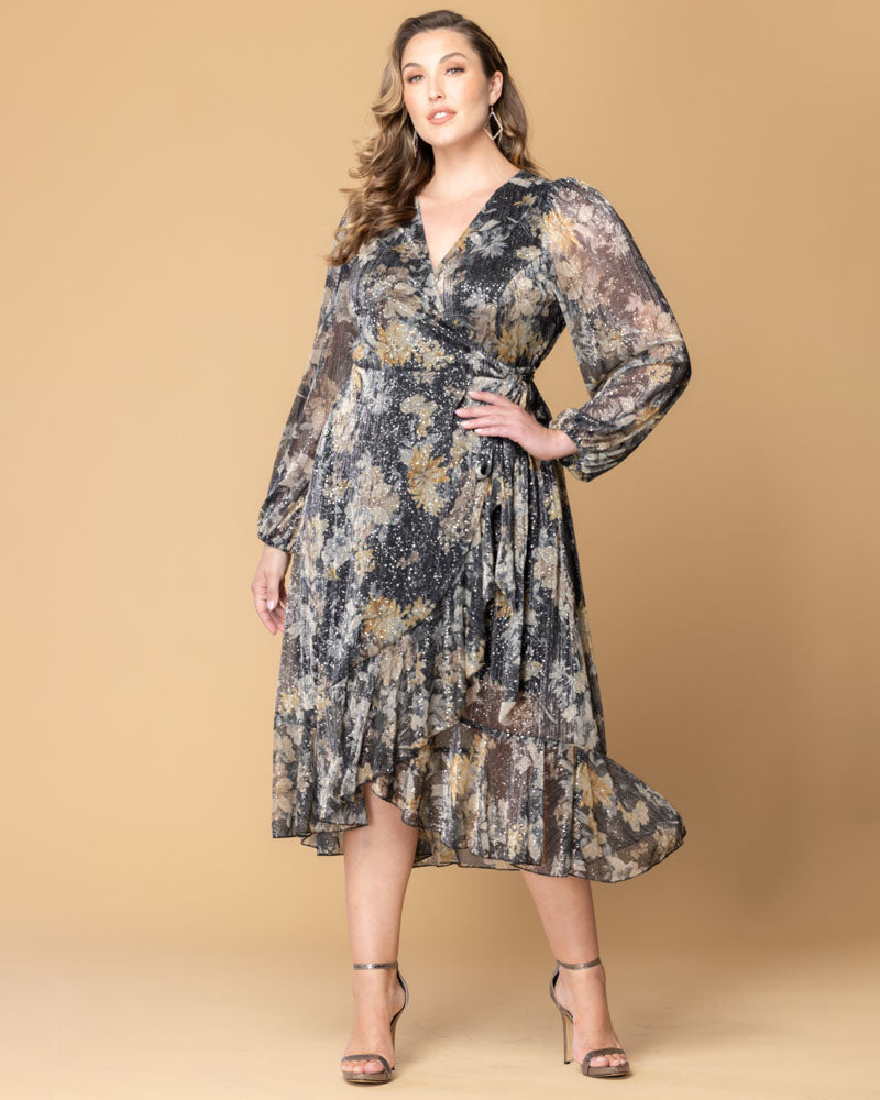 Celestine Metallic High-Low Cocktail Dress Gilded Florals 5