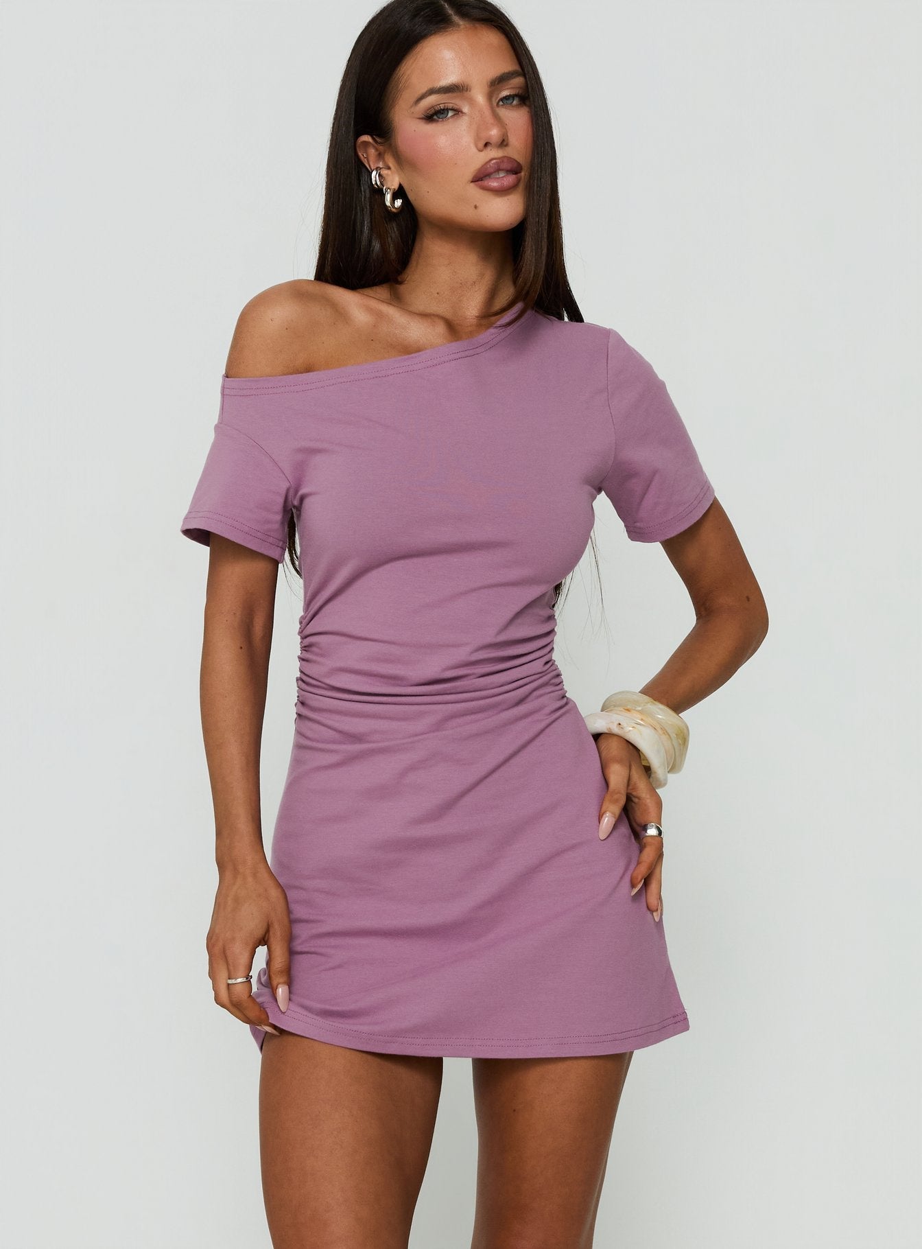 Avriana Off-Shoulder Mini Dress in Black Shirt Mini Dress Purple 2