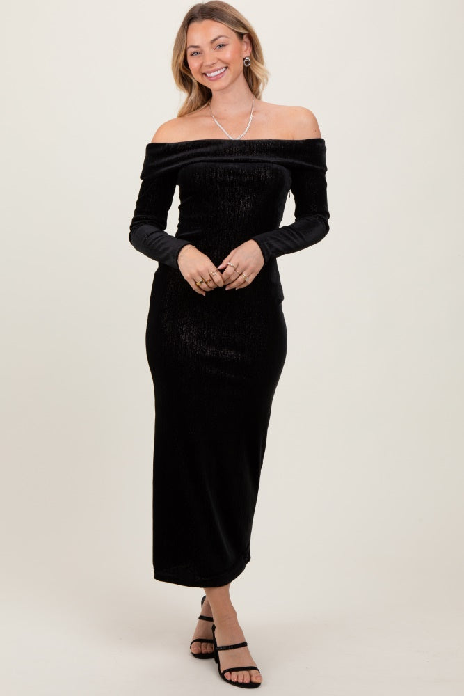 Theodora Velour Off-Shoulder Midi Dress Black 1