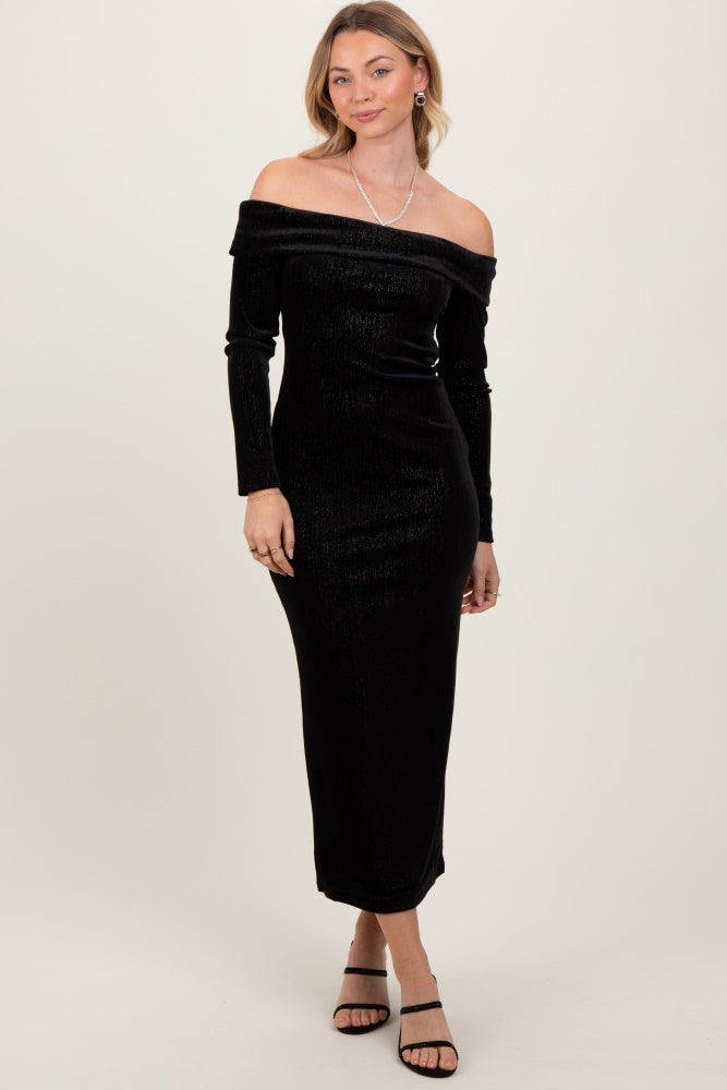 Theodora Velour Off-Shoulder Midi Dress Black 2