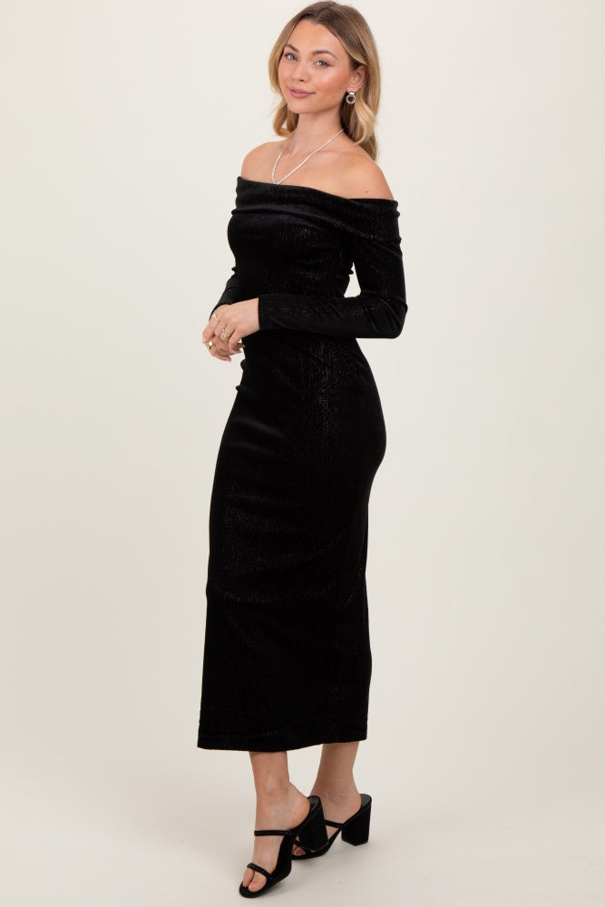 Theodora Velour Off-Shoulder Midi Dress Black 3