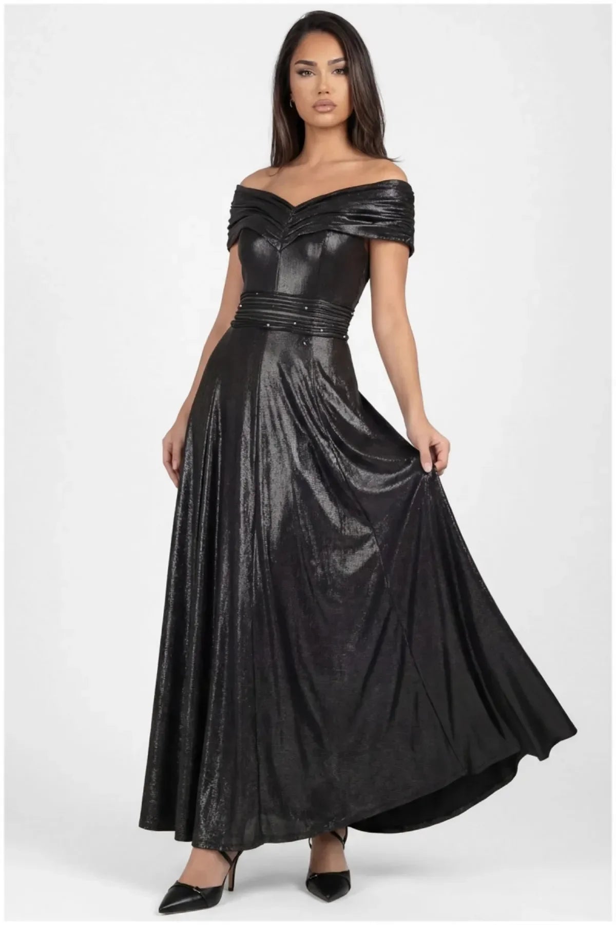 Margot Charcoal Cocktail Dress Shoulder Maxi Gown, Iris 1