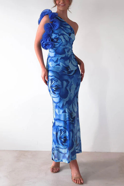 Margot Ruffle One-Shoulder Floral Maxi Dress Red 10