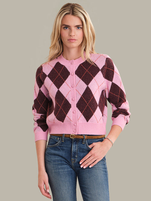 Parker Diamond Check Crewneck Cardigan Pink Combo 1