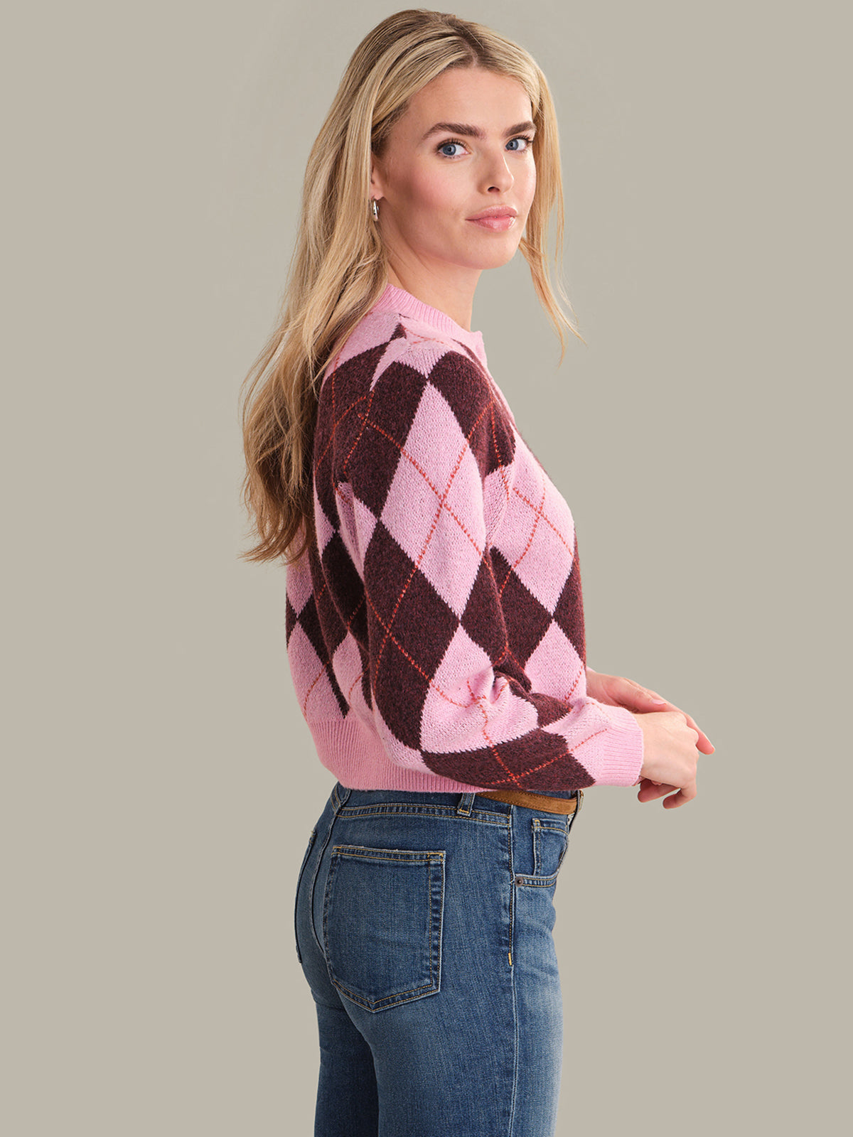 Parker Diamond Check Crewneck Cardigan Pink Combo 2
