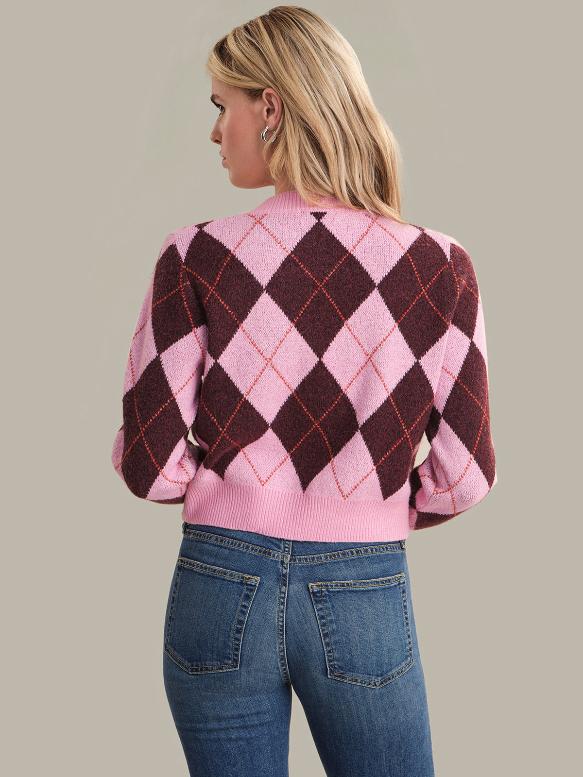 Parker Diamond Check Crewneck Cardigan Pink Combo 3