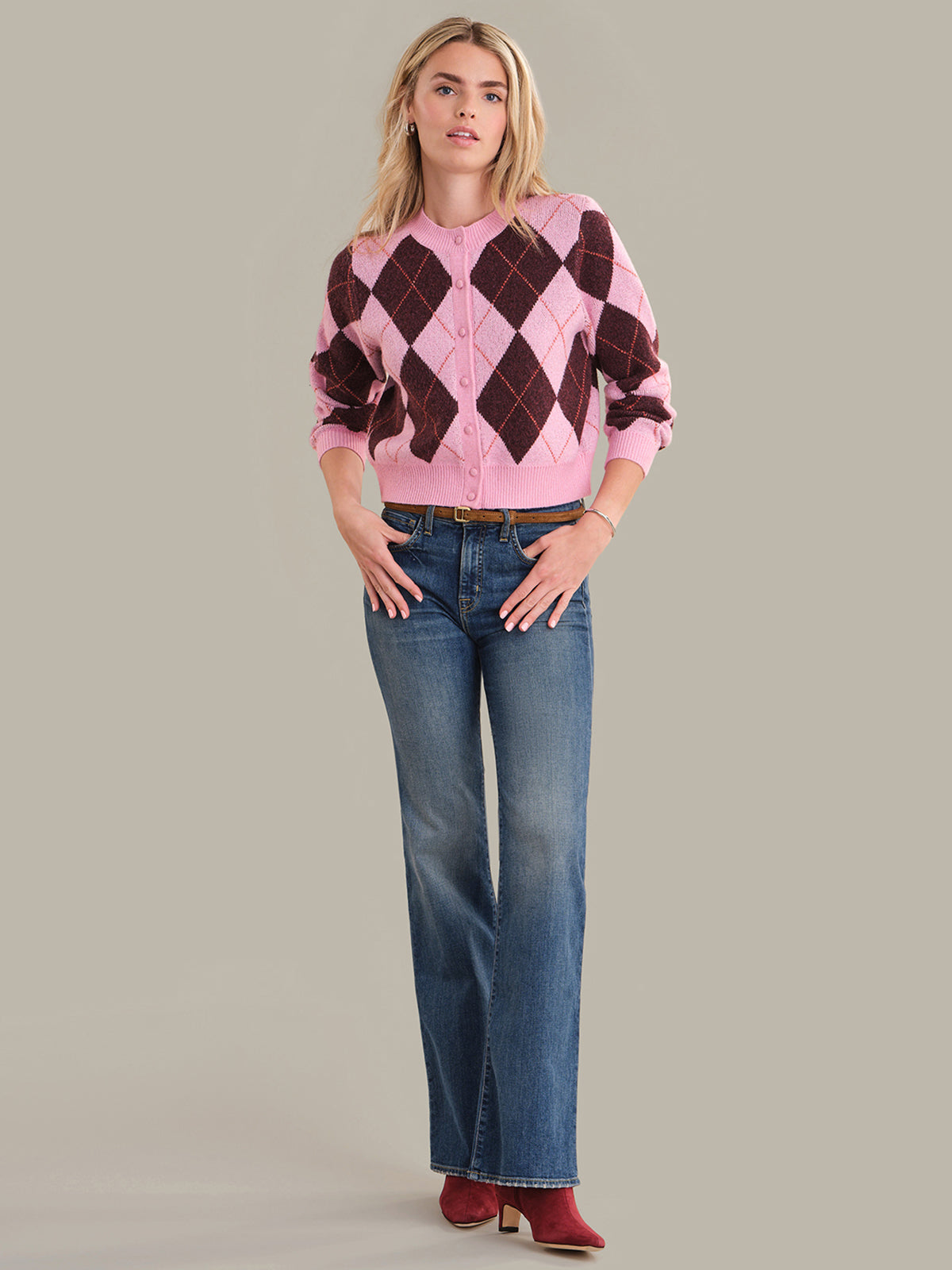 Parker Diamond Check Crewneck Cardigan Pink Combo 4
