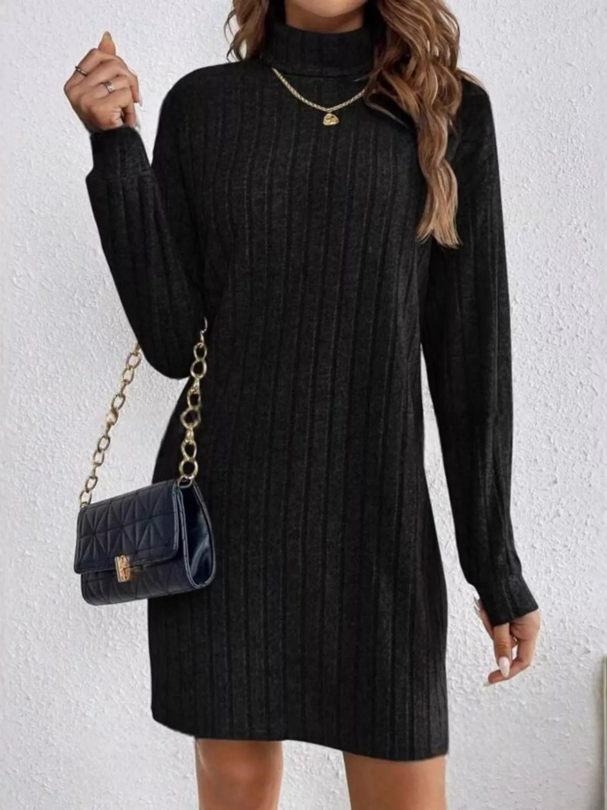 Margot Ribbed Knit Turtleneck Mini Dress Light Gray 8