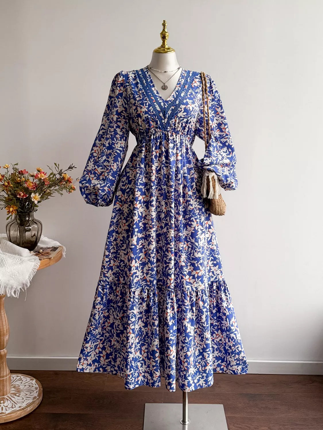 Violet Floral Maxi Dress with Flutter Sleeves Neck Long Sleeve Maxi Dress 5