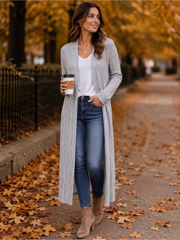 Maeve Ribbed Long Cardigan in Light Gray Gray 1
