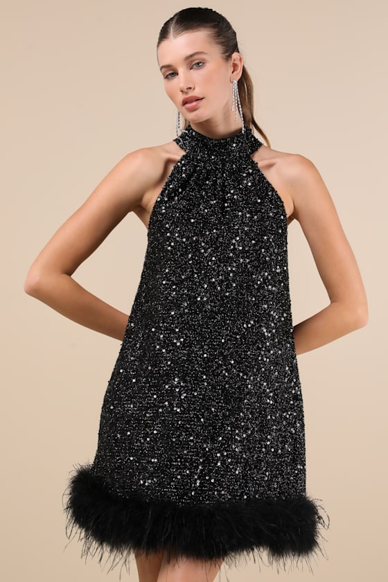 Maia Sequin Feather Mini Dress Black 1