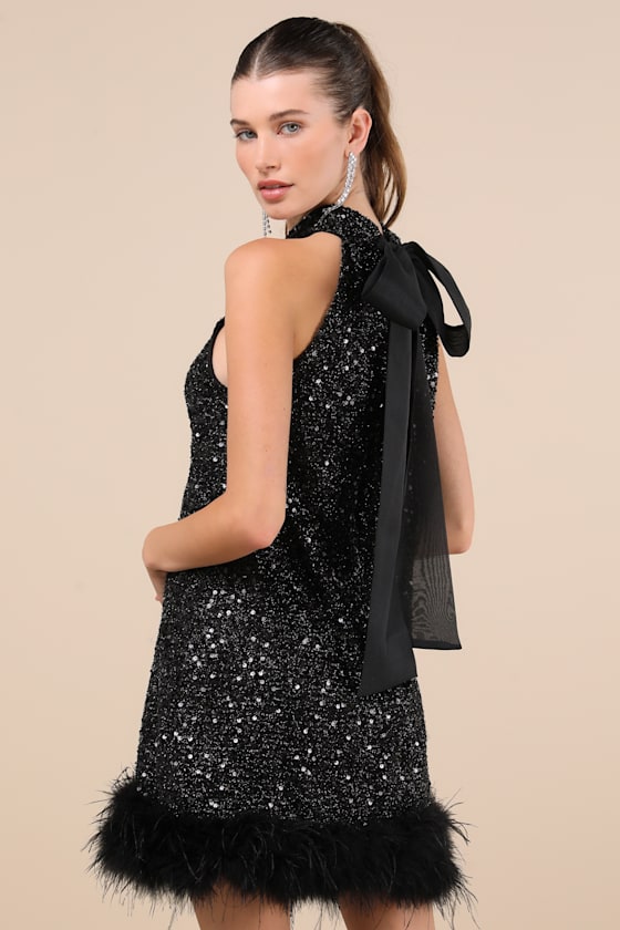 Maia Sequin Feather Mini Dress Black 2