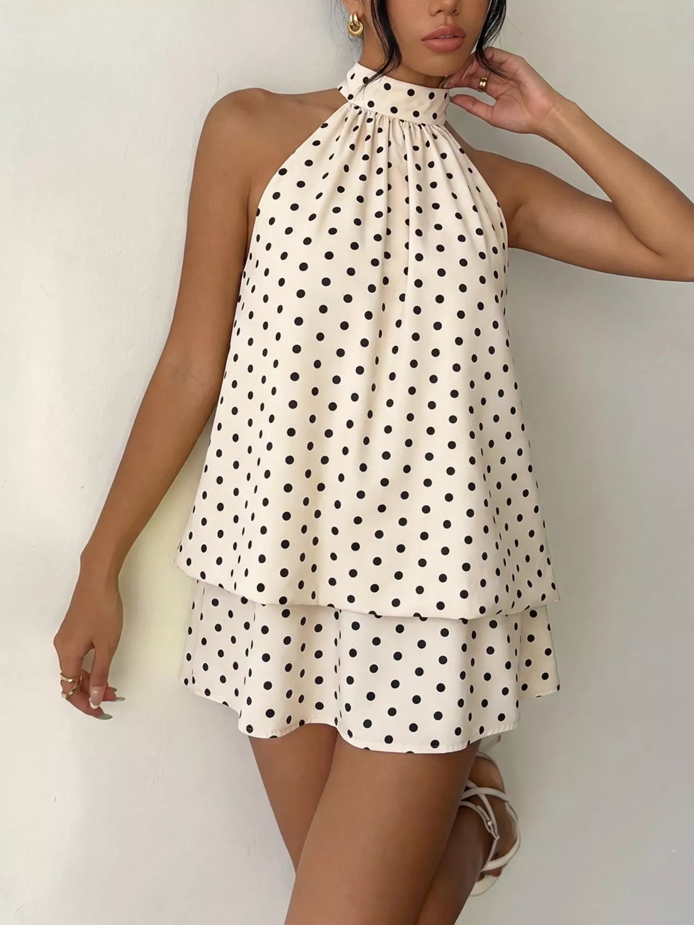 Violet Polka Dot Halter Mini Dress Coffee Brown 3