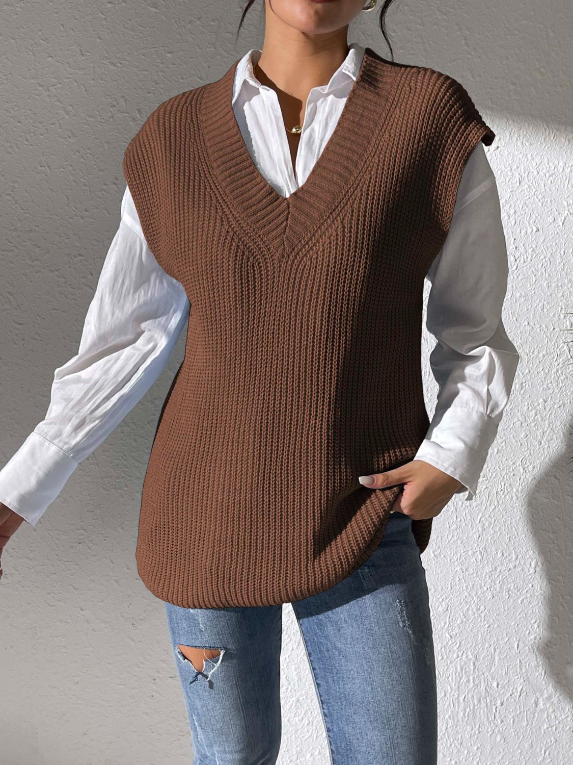 Margot V-Neck Sweater Vest in Light Blue Beige 6