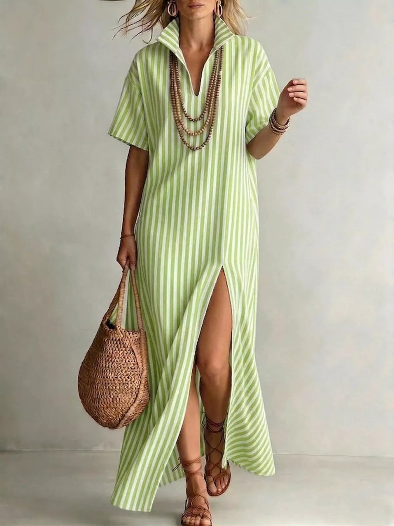 Margot Striped Linen Maxi Shirt Dress Red 3