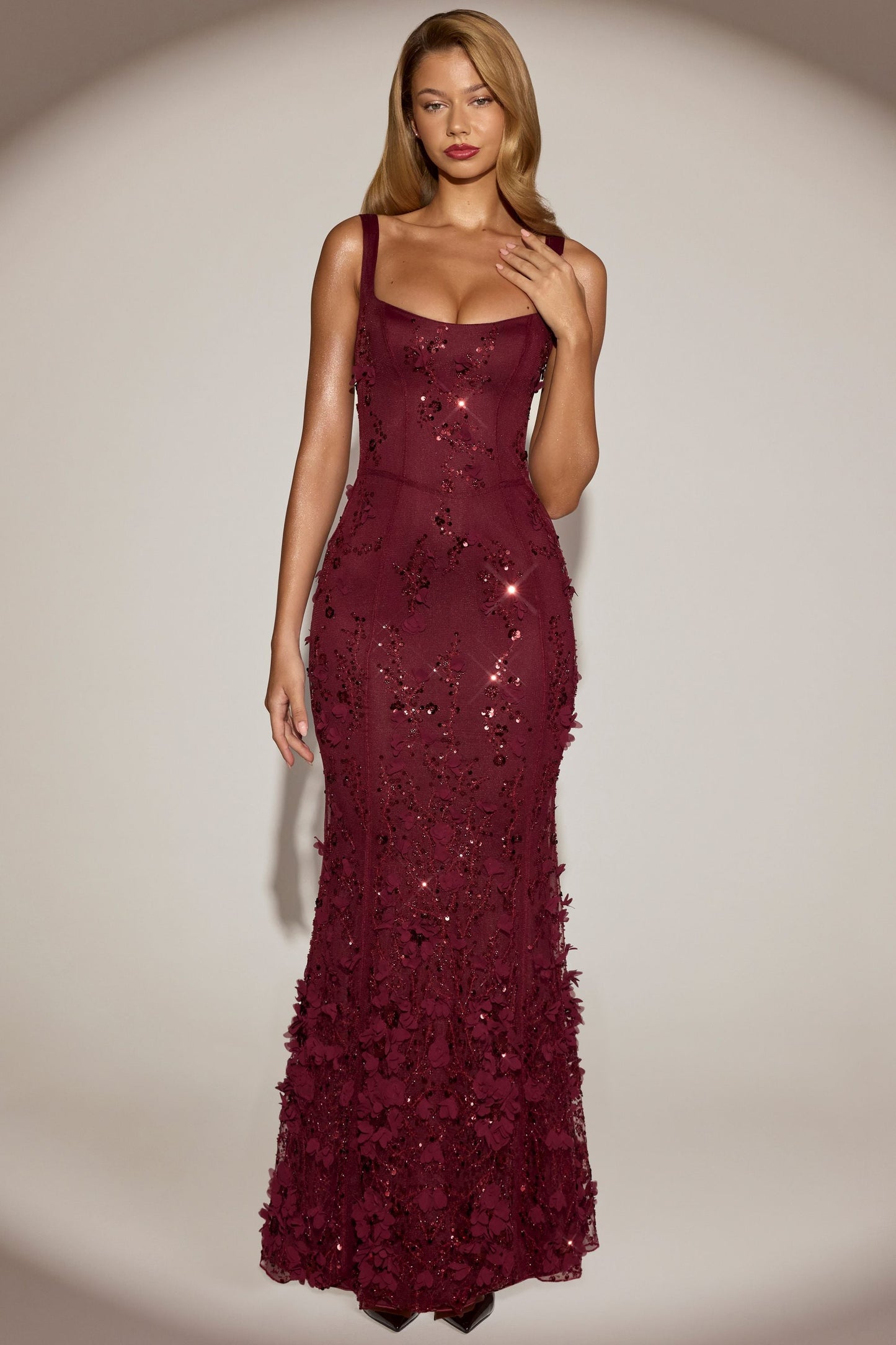 Celestine Appliqué Corset Gown in Blush Scoop Corset Gown in Wine Red 5