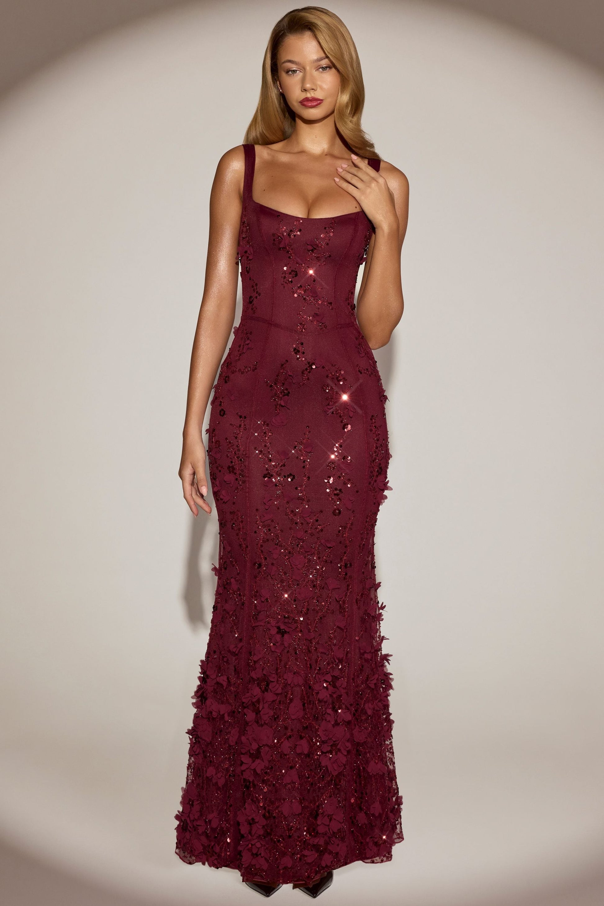 Celestine Appliqué Corset Gown in Blush Scoop Corset Gown in Wine Red 5