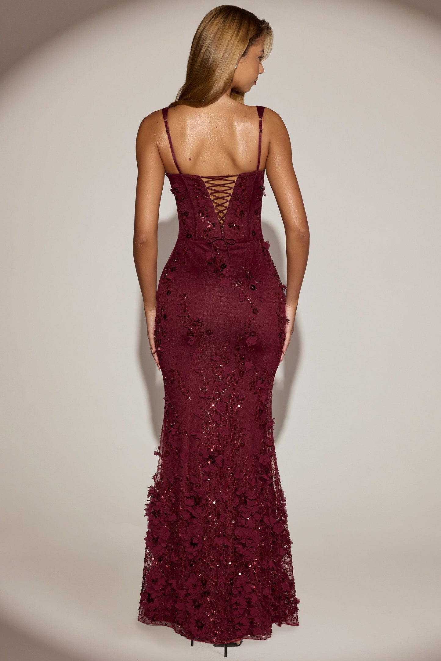 Celestine Appliqué Corset Gown in Blush Scoop Corset Gown in Wine Red 6