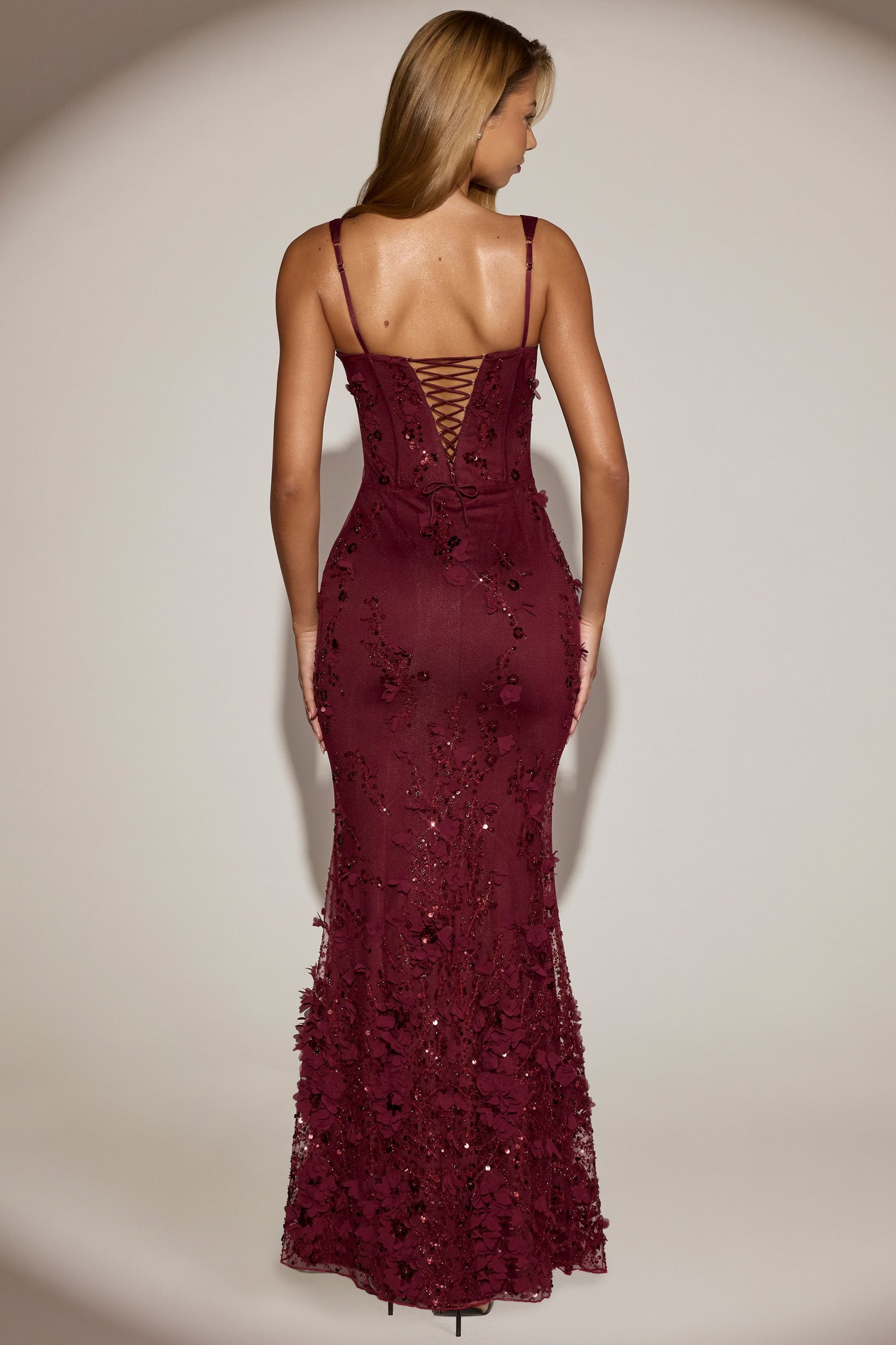 Celestine Appliqué Corset Gown in Blush Scoop Corset Gown in Wine Red 6