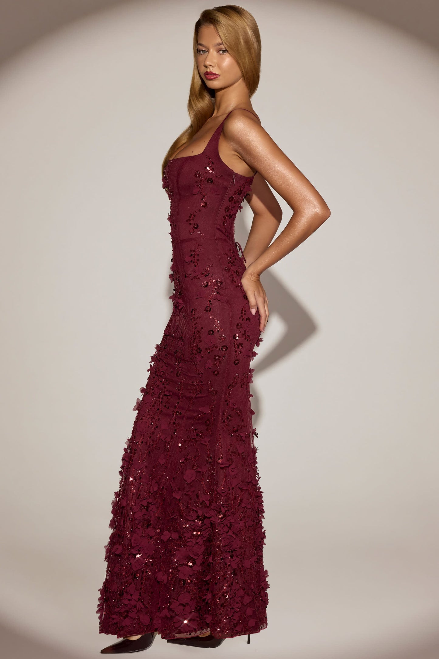 Celestine Appliqué Corset Gown in Blush Scoop Corset Gown in Wine Red 3