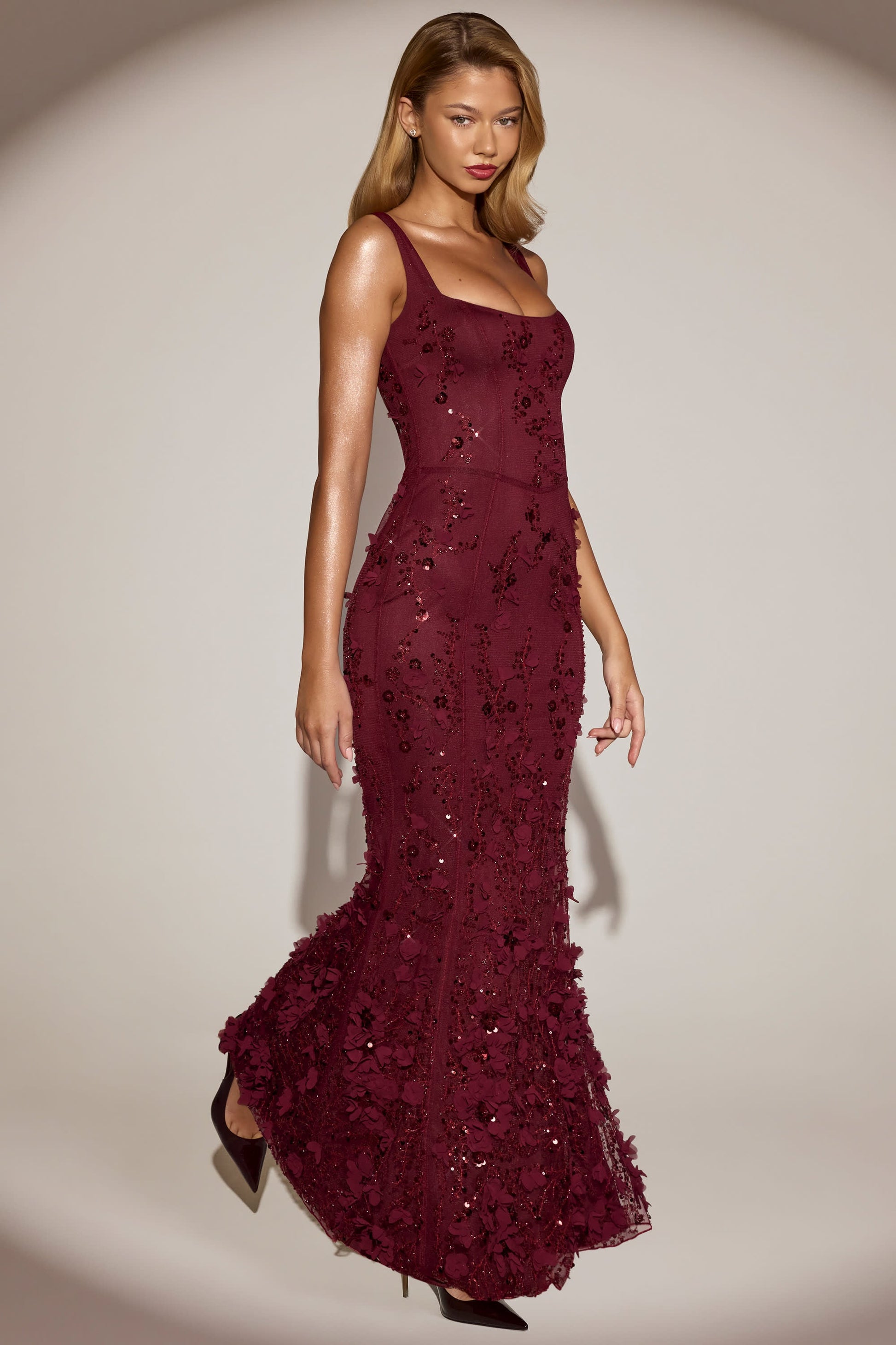 Celestine Appliqué Corset Gown in Blush Scoop Corset Gown in Wine Red 7