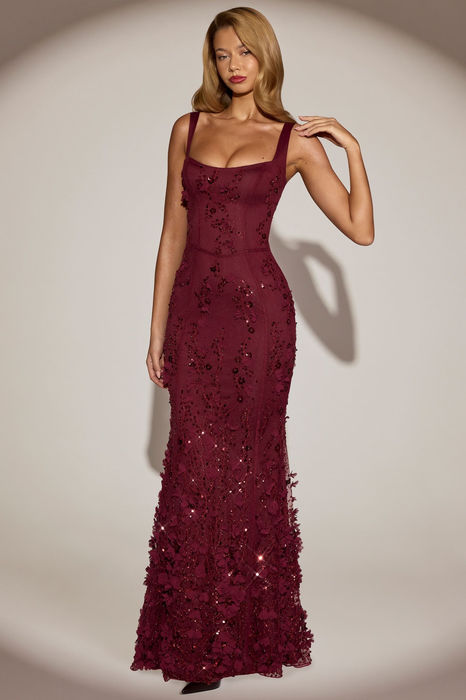Celestine Appliqué Corset Gown in Blush Scoop Corset Gown in Wine Red 8