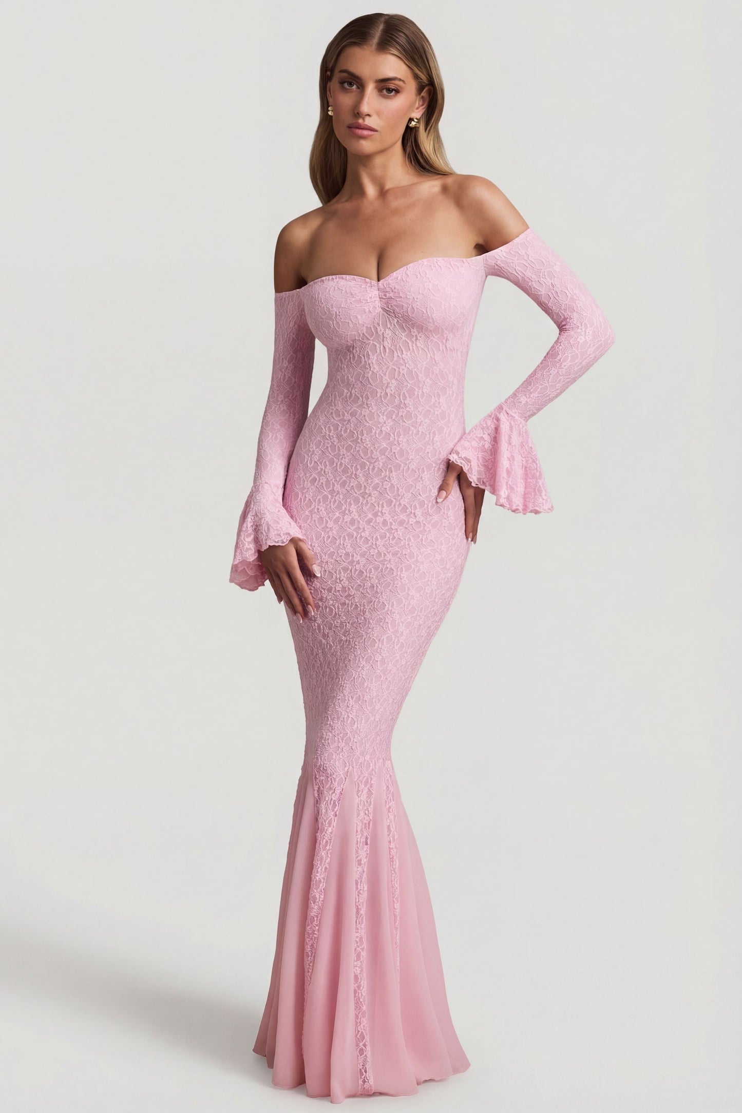 Birdie Off-Shoulder Ruffled Mini Dress Shoulder Ruffle Lace Maxi Dress in Soft Pink 5