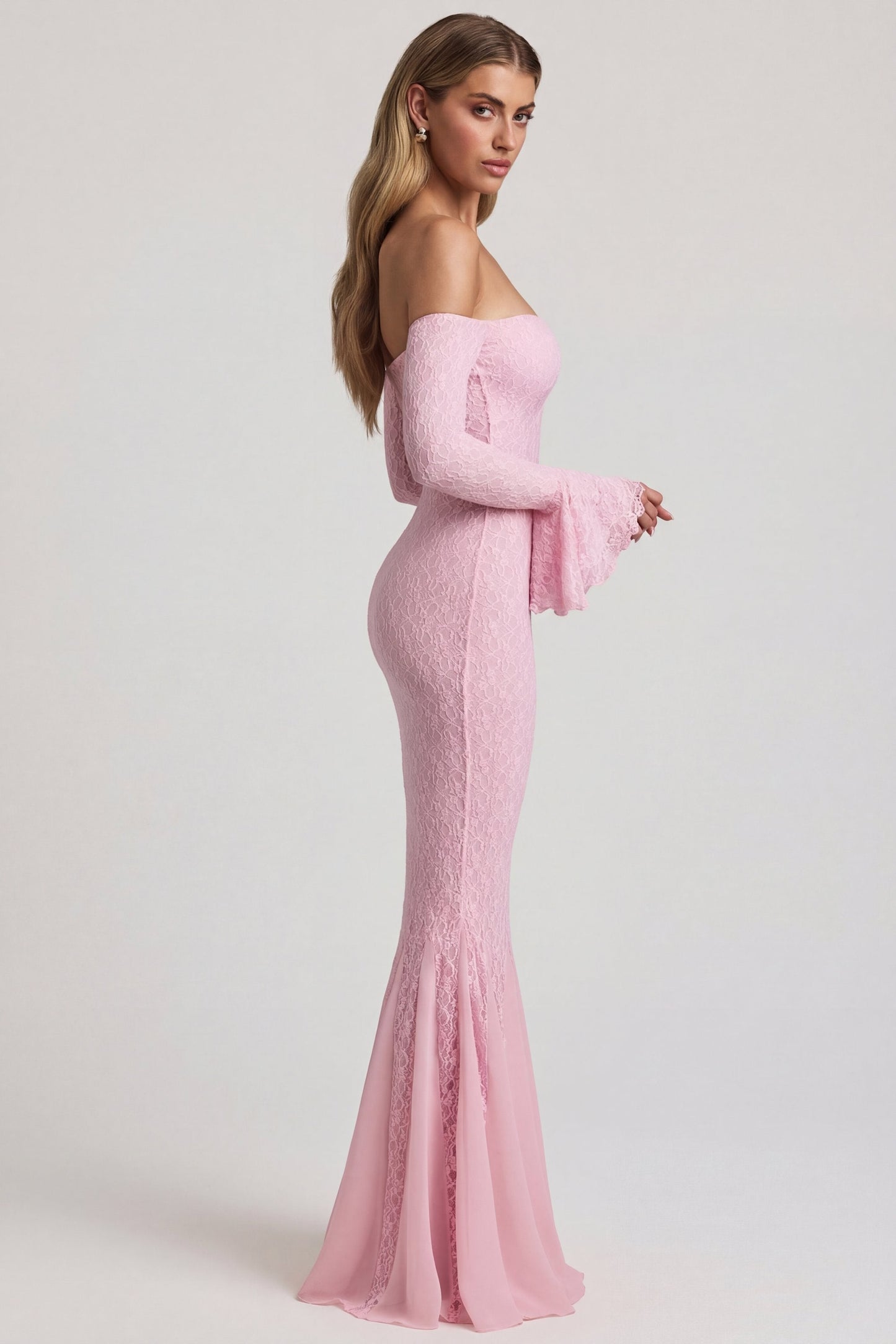 Birdie Off-Shoulder Ruffled Mini Dress Shoulder Ruffle Lace Maxi Dress in Soft Pink 3
