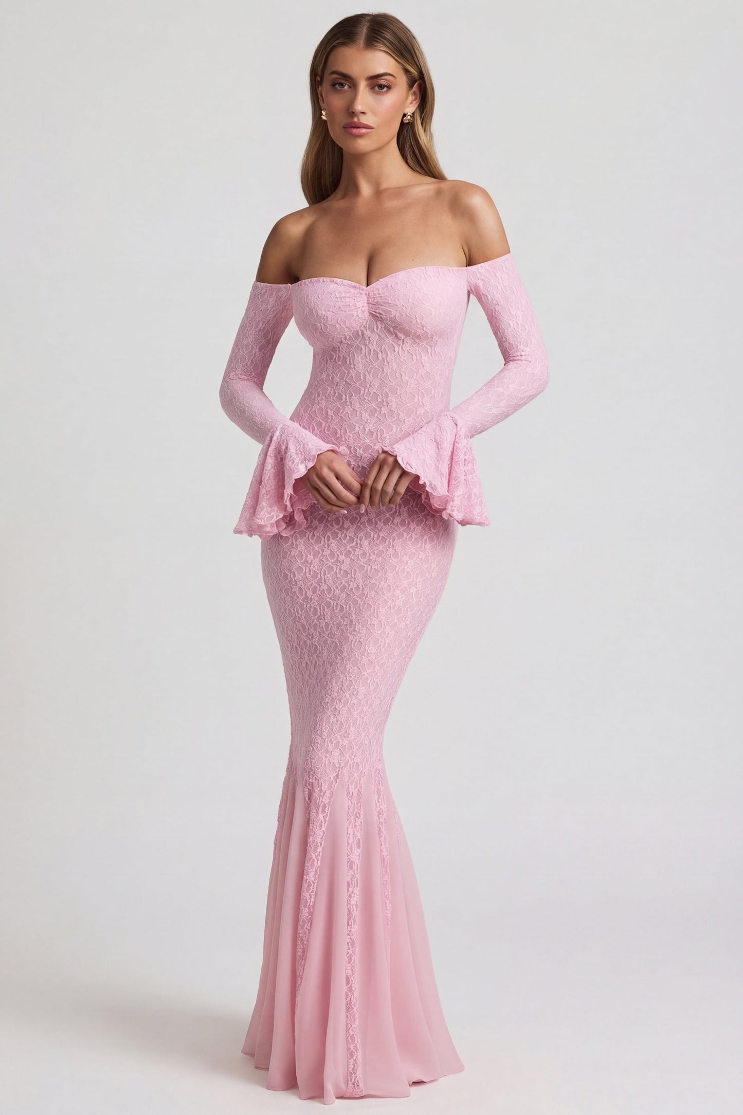 Birdie Off-Shoulder Ruffled Mini Dress Shoulder Ruffle Lace Maxi Dress in Soft Pink 6