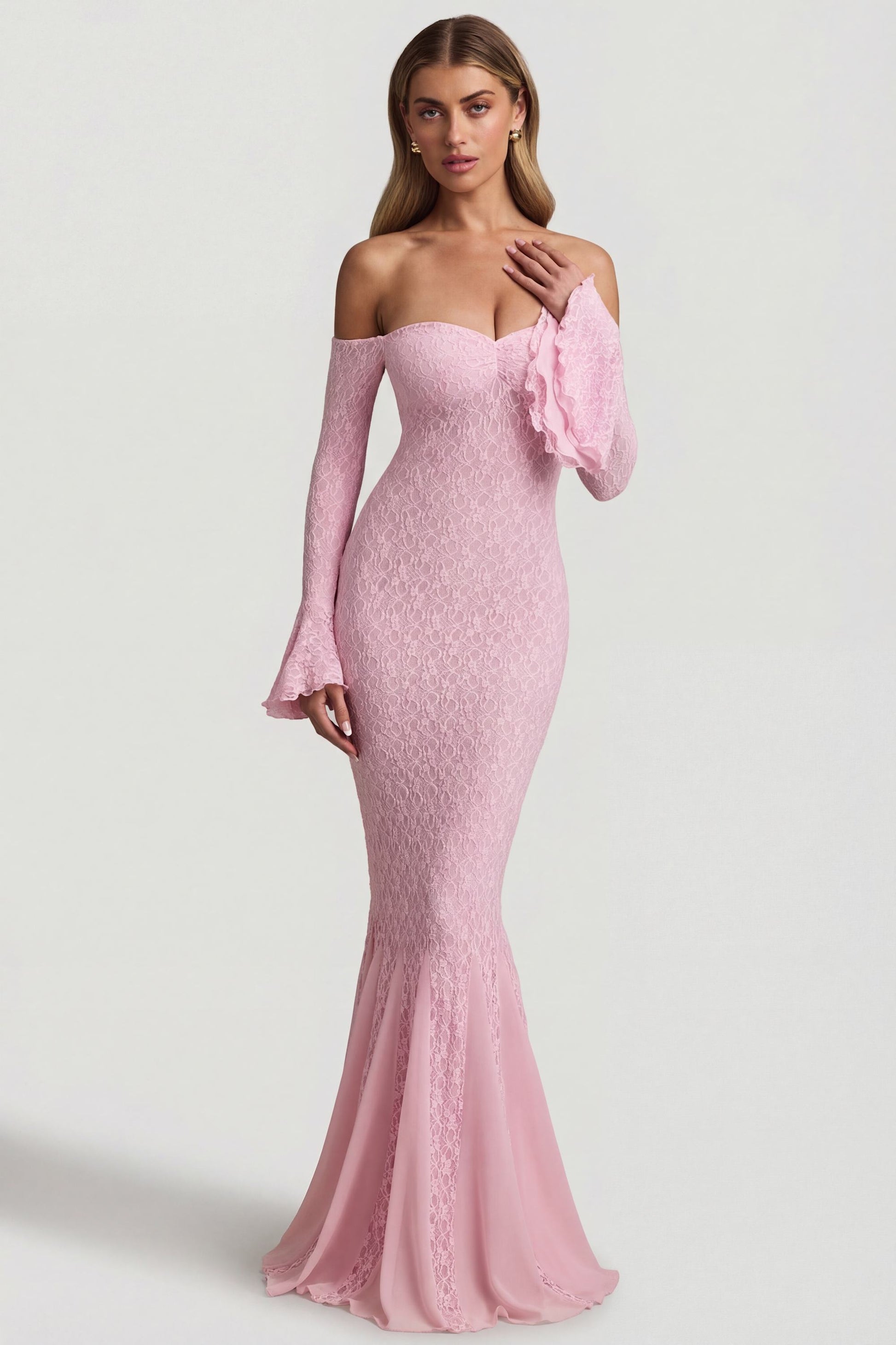 Birdie Off-Shoulder Ruffled Mini Dress Shoulder Ruffle Lace Maxi Dress in Soft Pink 8