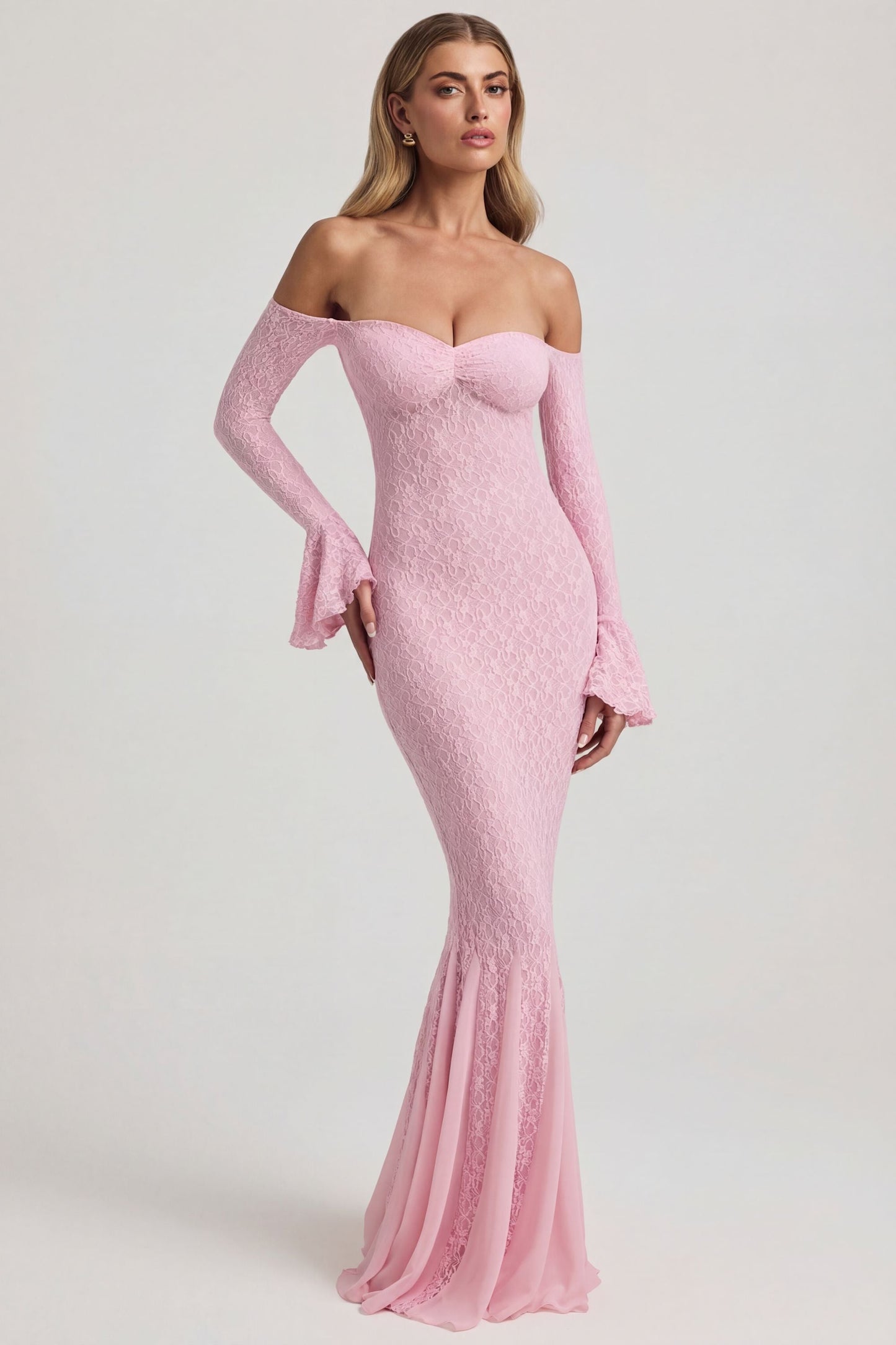 Birdie Off-Shoulder Ruffled Mini Dress Shoulder Ruffle Lace Maxi Dress in Soft Pink 7