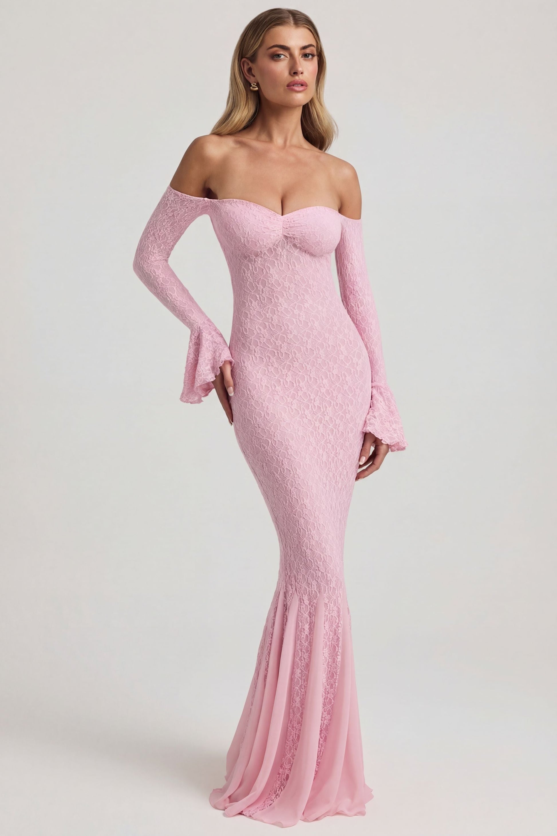 Birdie Off-Shoulder Ruffled Mini Dress Shoulder Ruffle Lace Maxi Dress in Soft Pink 7