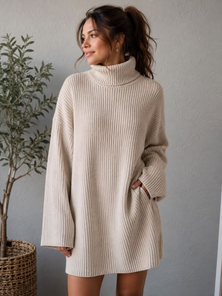 Margot Ribbed Turtleneck Sweater Dress Cream 1